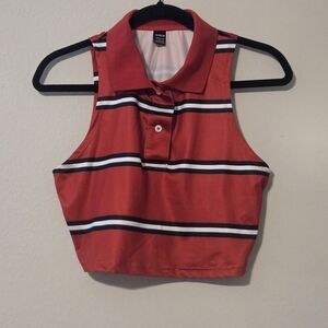 Red and Black Striped Crop Polo Top